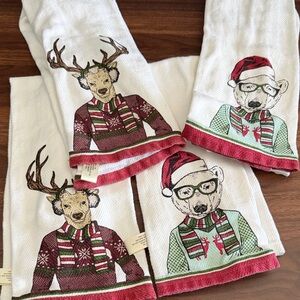Holiday Animal Kitchen Towels - Reindeer & Polar Bear Motif, White/Red/Green